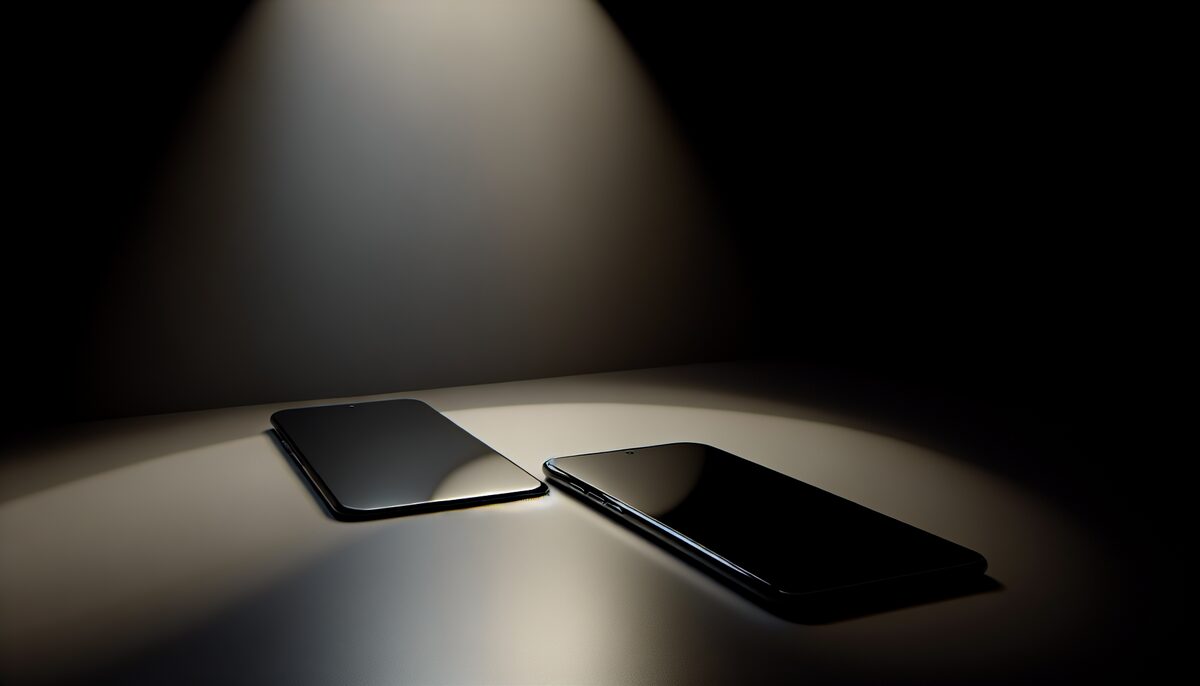 Two mobile phones side by side on a dark surface, one face-down, the other reflecting dim light on the ceiling, restrained and metaphorical