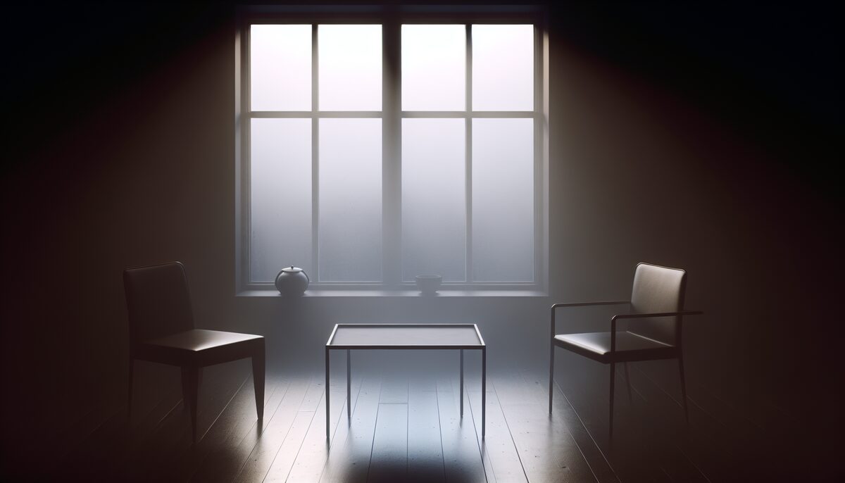 Two empty chairs facing each other at a foggy window, soft morning light, one side slightly abandoned, metaphor for absence