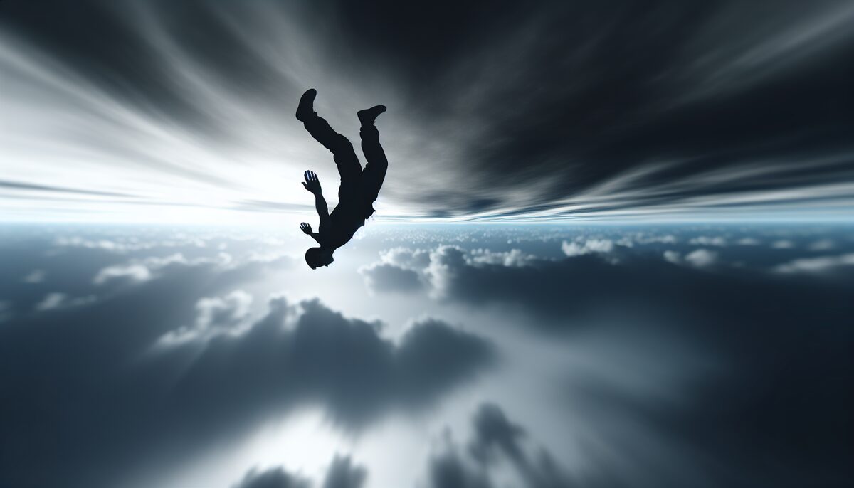 Person in freefall silhouette against vast overcast sky, viewed from below, cinematic motion blur, desaturated palette