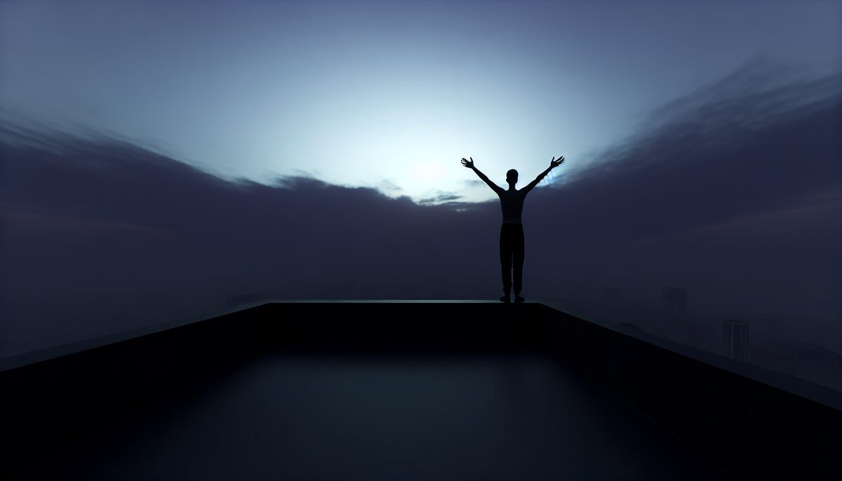 Silhouette of outstretched arms against pale dawn sky viewed from rooftop edge, wide composition, calm and free, no vertigo