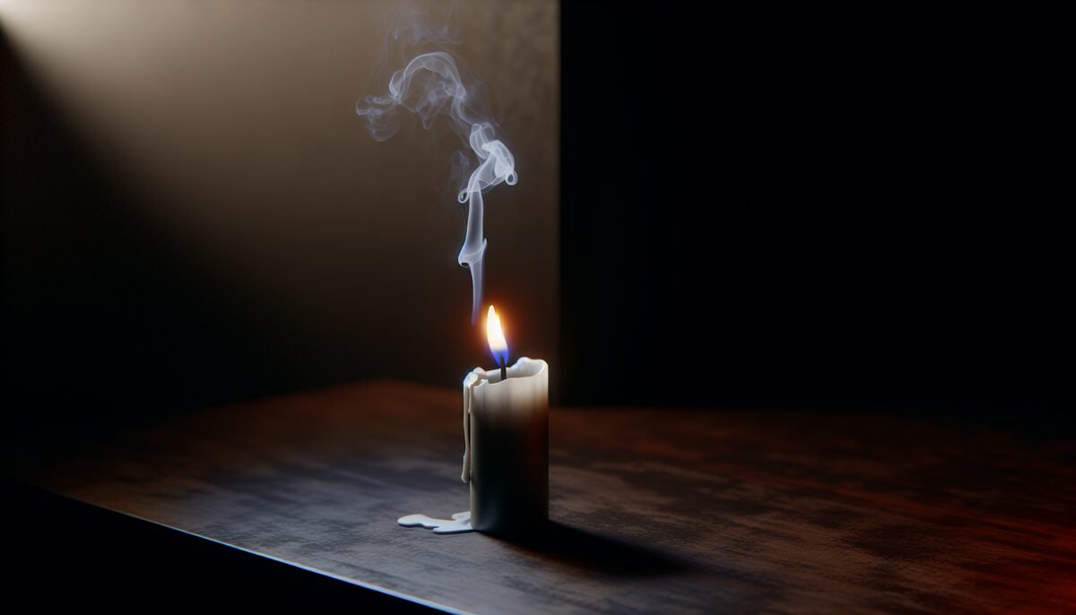Single candle extinguishing in a dark room, smoke curling upward, desaturated tones, calm and meditative atmosphere