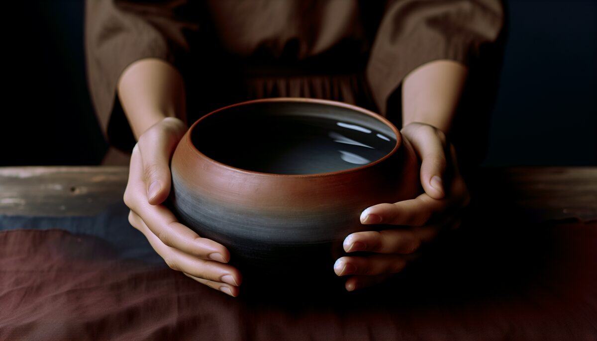 Softly lit studio photograph of a round vessel of water held gently in open hands, symbolic, warm tones against dark background