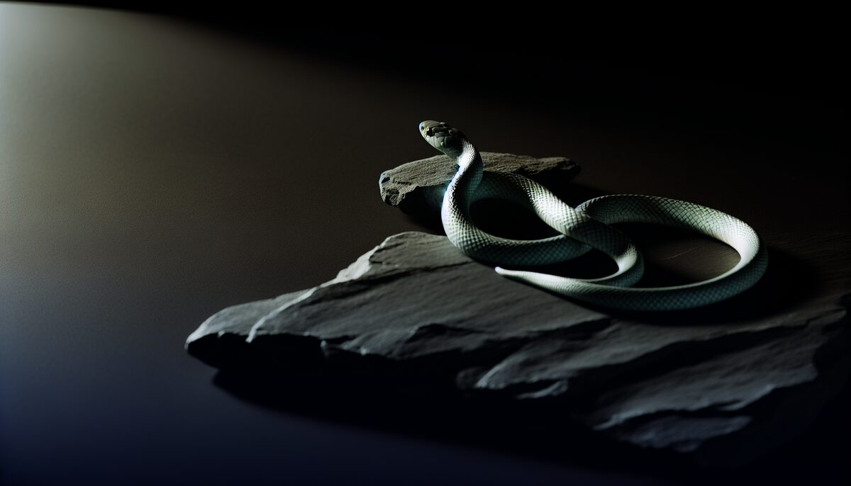 Single coiled serpent on dark stone, macro photography, iridescent scales catching dim light, calm and hypnotic, no threat implied