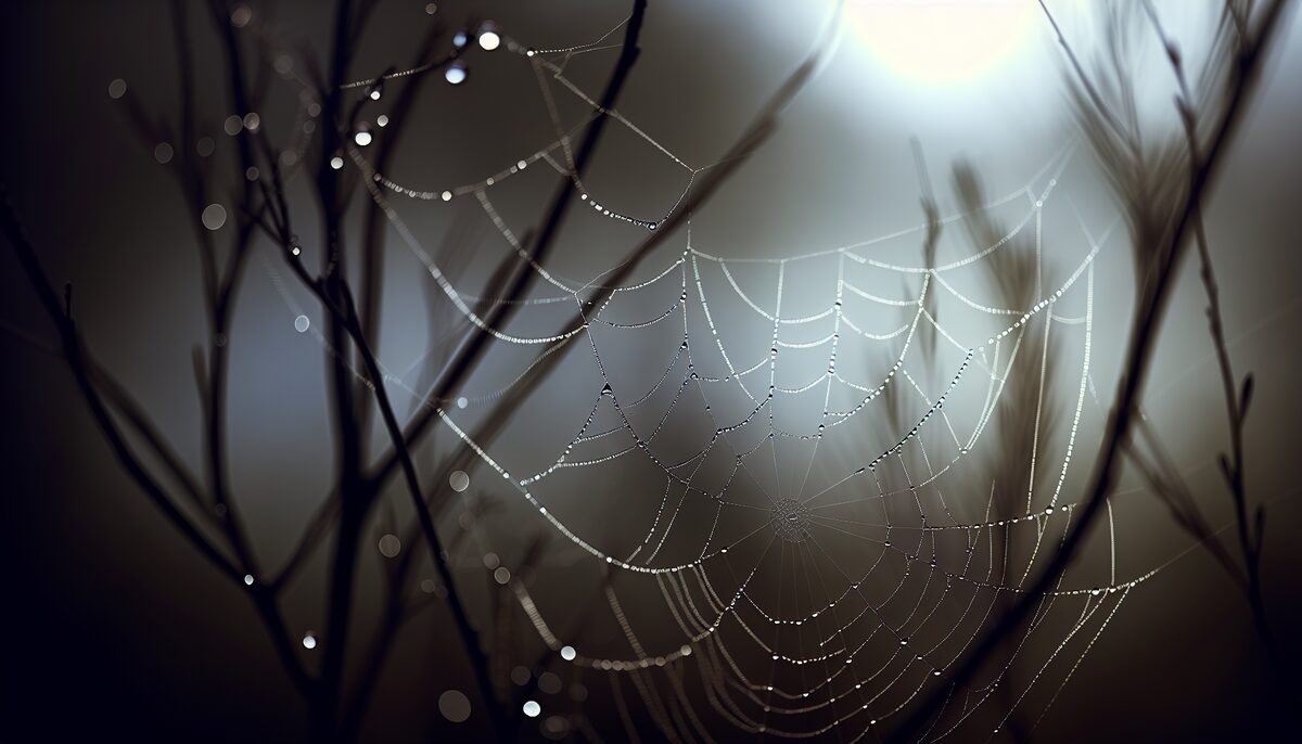 Intricate dewy spiderweb stretching between branches in soft dawn light, droplets catching low sunlight, macro photography, no spider visible